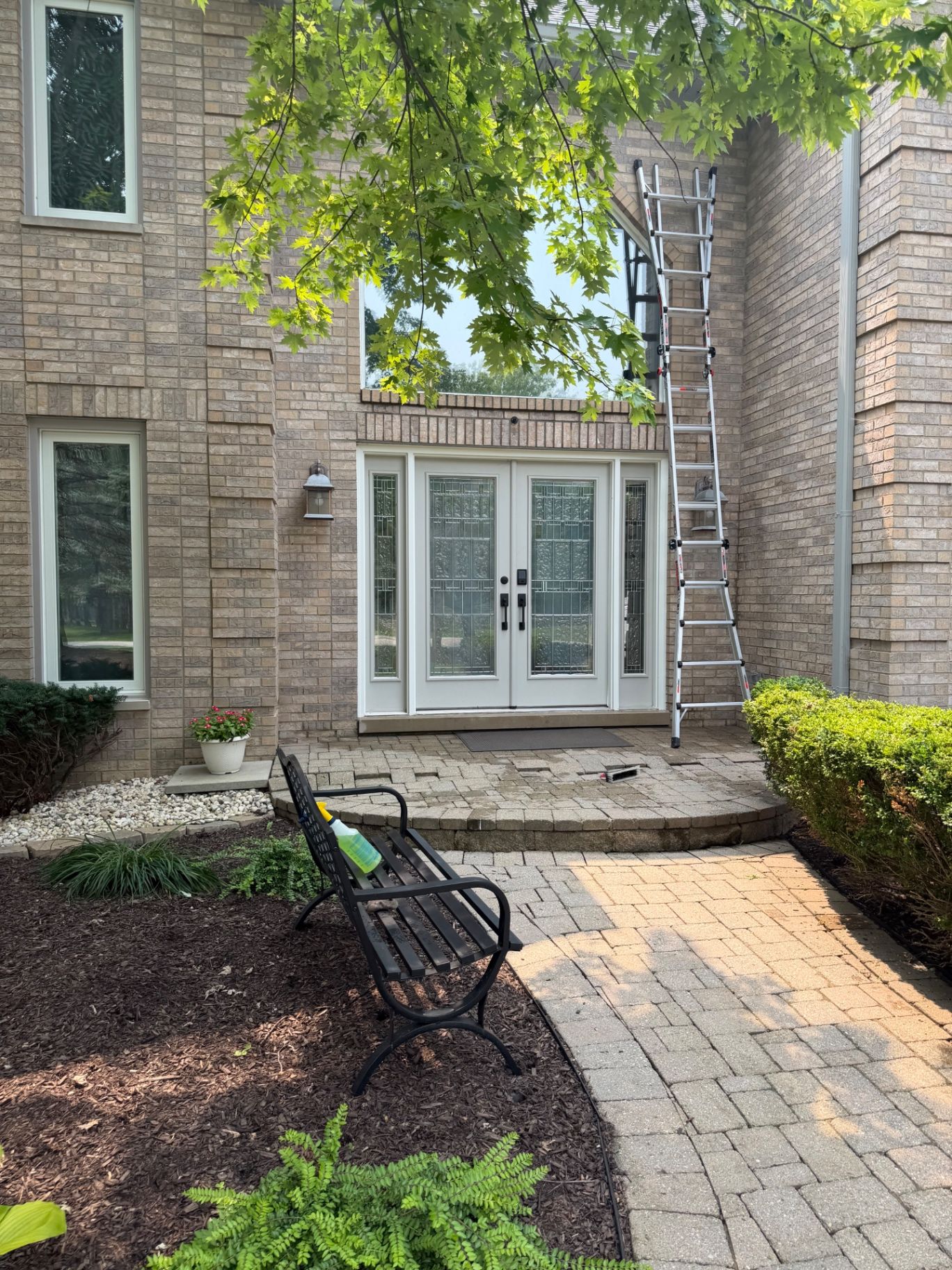 Ladder set up for exterior window cleaning at a brick home entryway