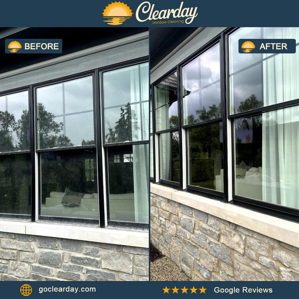 ClearDay exterior window cleaning before and after on large glass panels