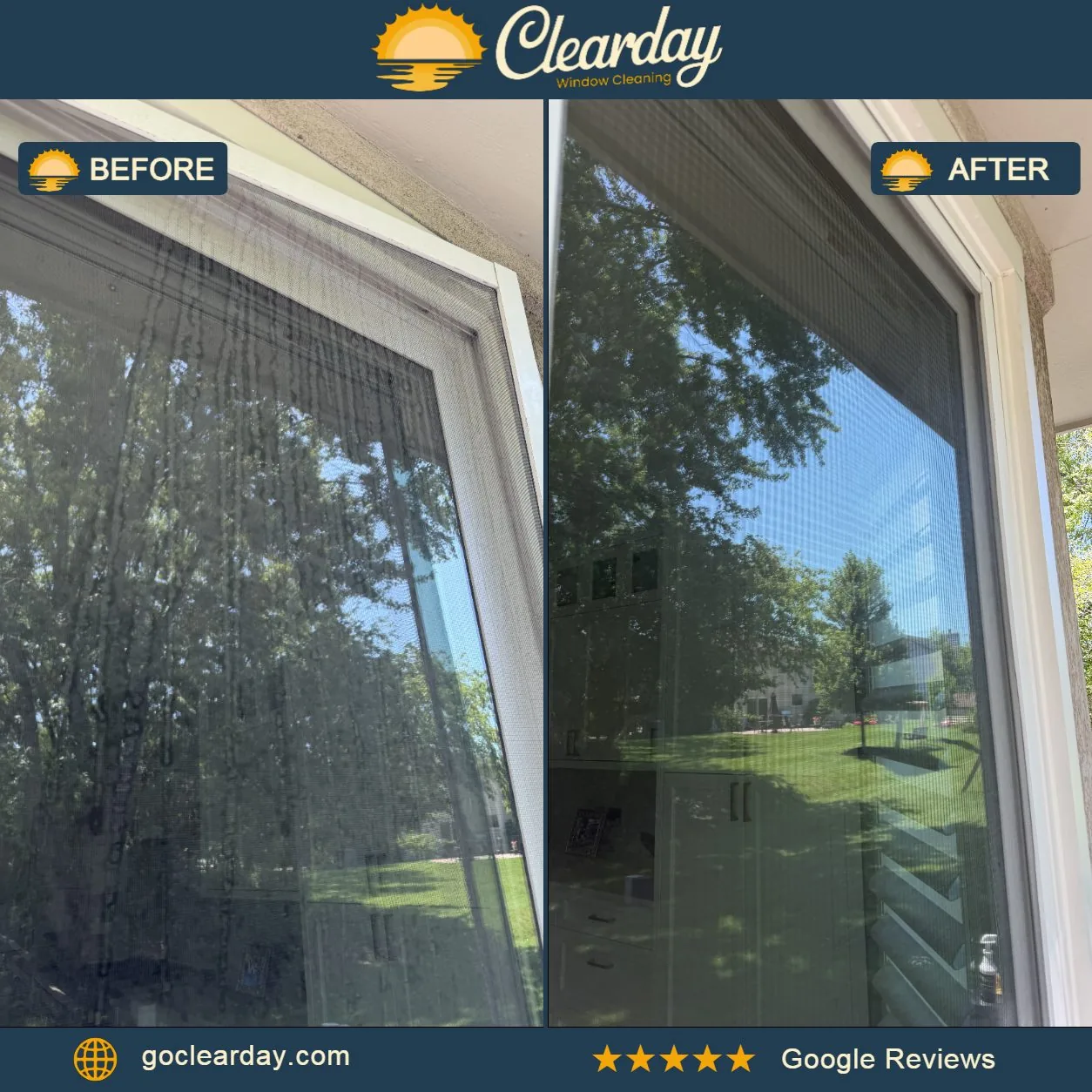 ClearDay screen cleaning before and after with a clear glass reflection